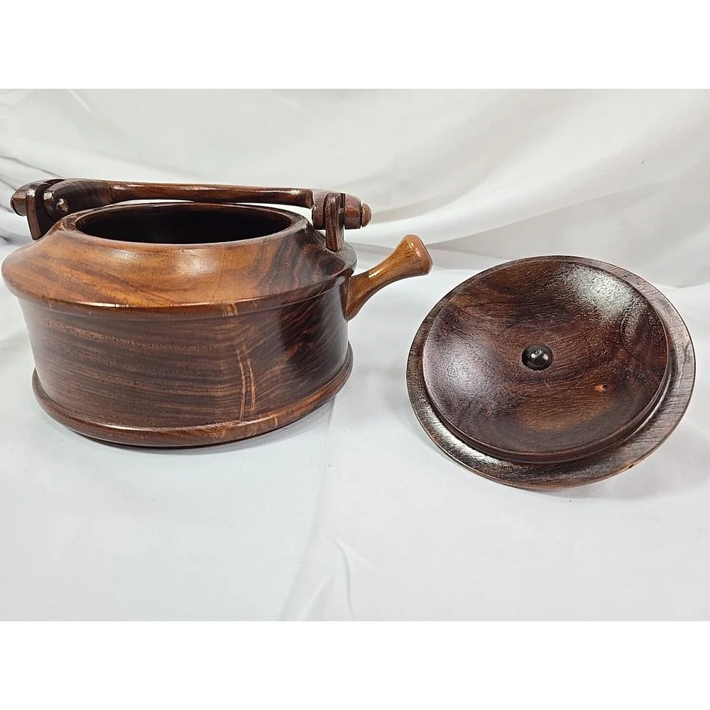 Vtg Teak Wood Hand Carved  Tea Pot Primitive Decor 